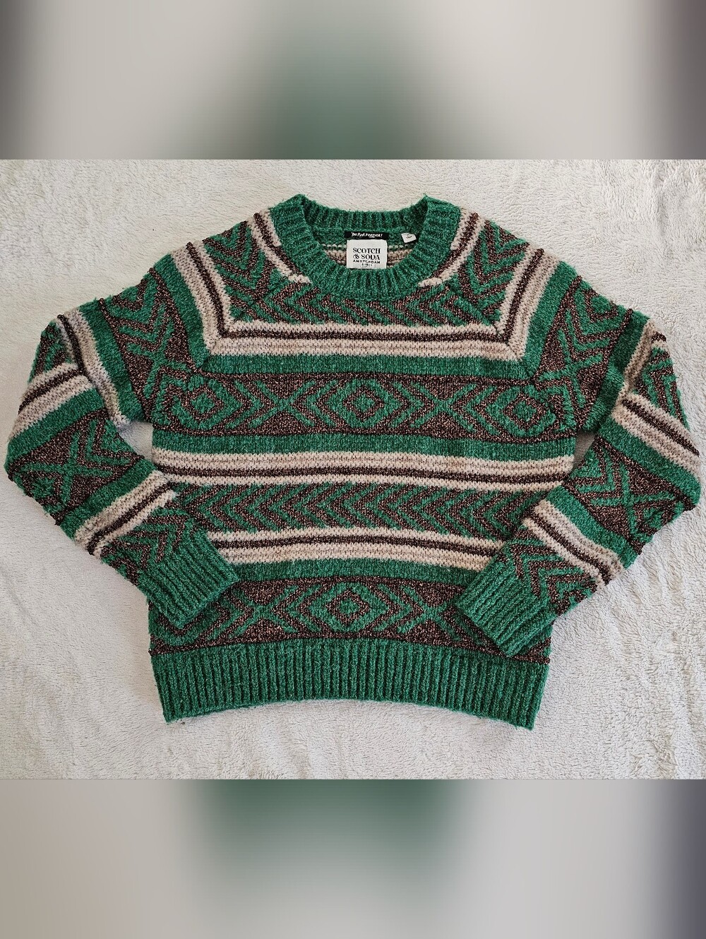 Scotch & Soda Amsterdam Wool Alpaca Fair Isle Sweater Teal Copper Metallic sz S